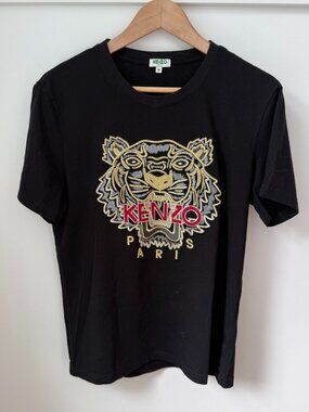 KENZO Paris Iconic Embroidered Tiger Logo T-Shirt Black Gold Size M